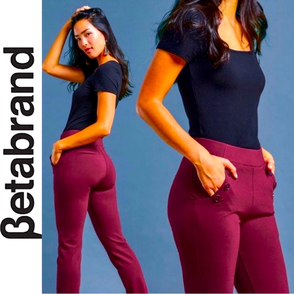 Betabrand Dress Yoga Pants Bootcut Sailor Buttons Maroon Large Long